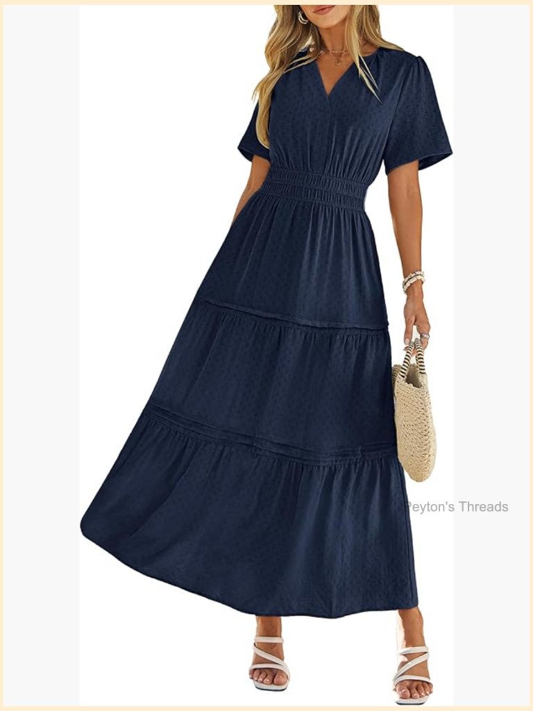 Summer Casual Maxi Dress Short Sleeve V-Neck Elastic Waist Flowy A-Line Beach